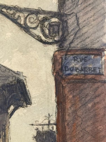 Dessin Gouache Aquarelle Papier Scène De Rue Barbet Rouan 1926 Ville Marché