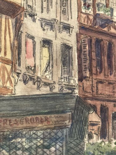 Dessin Gouache Aquarelle Papier Scène De Rue Barbet Rouan 1926 Ville Marché