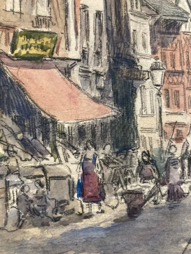 Dessin Gouache Aquarelle Papier Scène De Rue Barbet Rouan 1926 Ville Marché