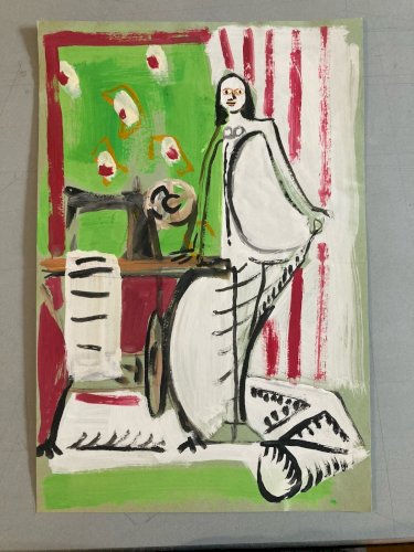 Dessin Gouache Femme Cubiste Expressionnisme 1970 Géométrique À Identifier