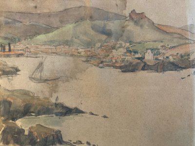 Dessin Gouache Papier  Paysage Bord De Mer Pays Basque ? 1950 Ancien Drawing Art