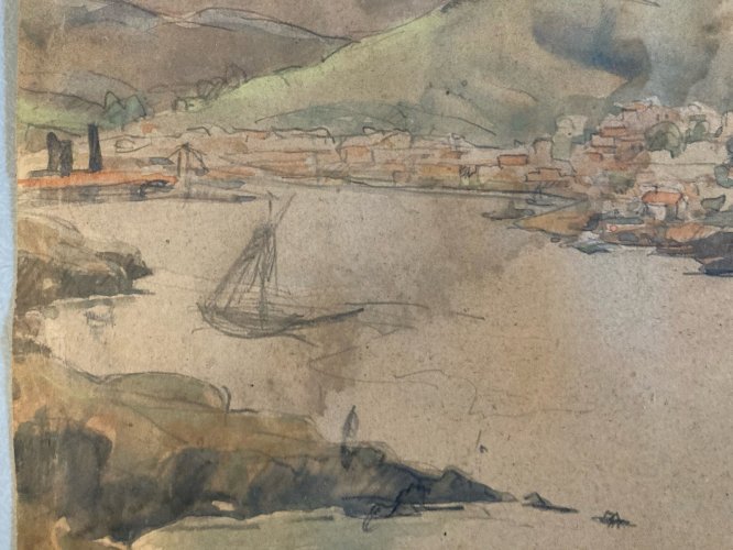 Dessin Gouache Papier  Paysage Bord De Mer Pays Basque ? 1950 Ancien Drawing Art