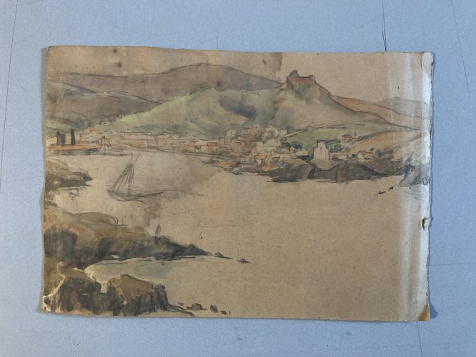 Dessin Gouache Papier  Paysage Bord De Mer Pays Basque ? 1950 Ancien Drawing Art