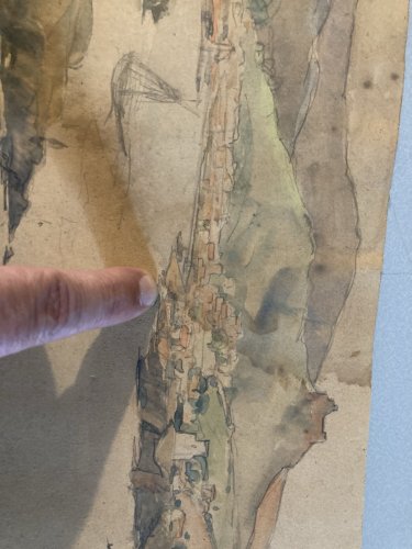 Dessin Gouache Papier  Paysage Bord De Mer Pays Basque ? 1950 Ancien Drawing Art