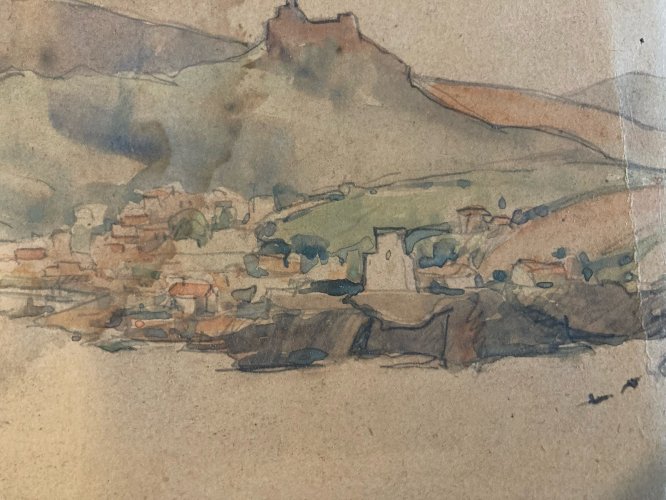 Dessin Gouache Papier  Paysage Bord De Mer Pays Basque ? 1950 Ancien Drawing Art