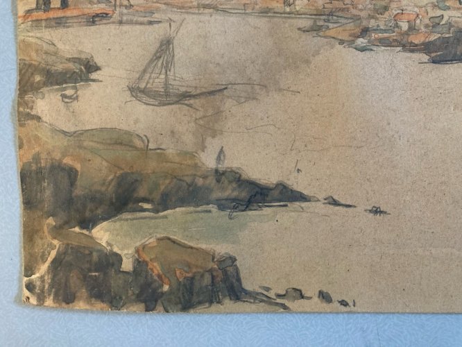 Dessin Gouache Papier  Paysage Bord De Mer Pays Basque ? 1950 Ancien Drawing Art