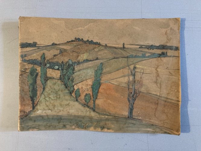 Dessin Gouache Papier  Paysage Sud Ouest Pays Basque ? 1950 Ancien Drawing Art