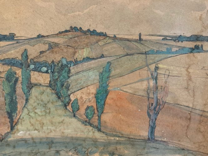 Dessin Gouache Papier  Paysage Sud Ouest Pays Basque ? 1950 Ancien Drawing Art