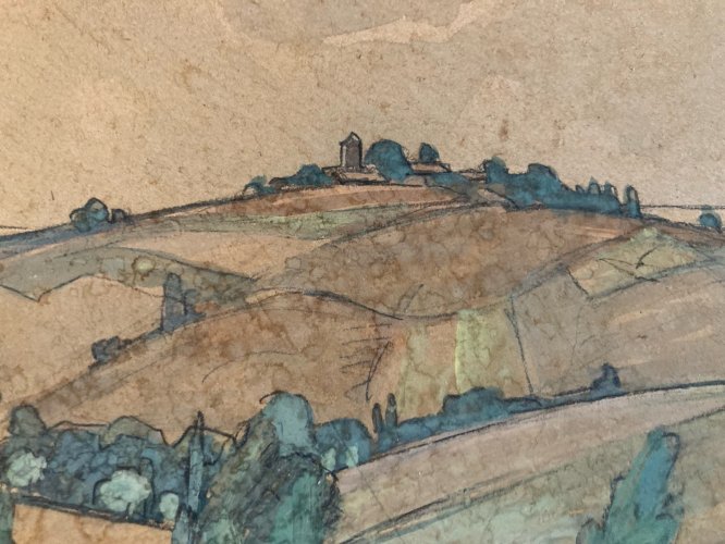 Dessin Gouache Papier  Paysage Sud Ouest Pays Basque ? 1950 Ancien Drawing Art