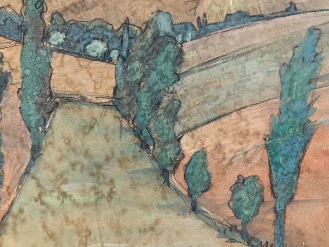 Dessin Gouache Papier  Paysage Sud Ouest Pays Basque ? 1950 Ancien Drawing Art