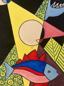 Dessin Gouache Poisson Cubiste Surréalisme 1950 Géométrique À Identifier