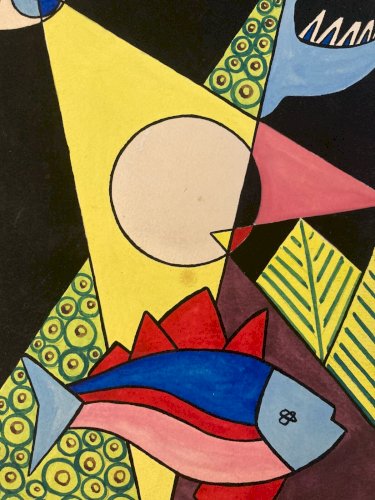 Dessin Gouache Poisson Cubiste Surréalisme 1950 Géométrique À Identifier
