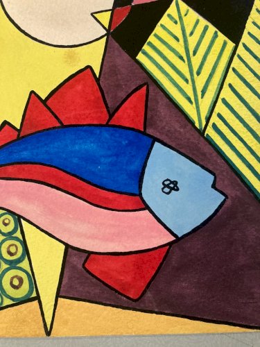Dessin Gouache Poisson Cubiste Surréalisme 1950 Géométrique À Identifier