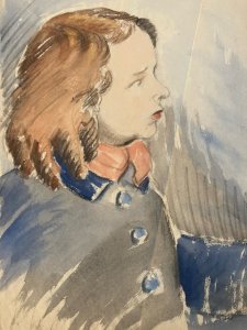 Gouache Drawing On Paper 1950 portrait Young Woman Girl Painting Art