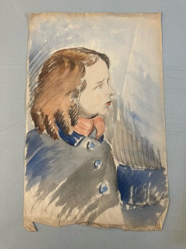 Dessin Gouache Sur Papier  1950 portrait Jeune Femme Fille Peinture Painting Art