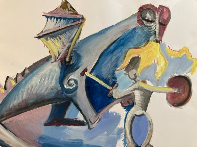 Dessin  Gouache Sur Papier Chevalier Dragon Fantaisie Art 1980 Feu