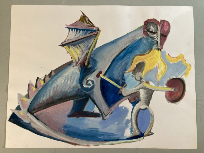 Dessin  Gouache Sur Papier Chevalier Dragon Fantaisie Art 1980 Feu