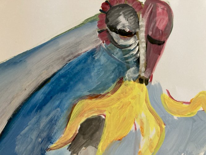 Dessin  Gouache Sur Papier Chevalier Dragon Fantaisie Art 1980 Feu