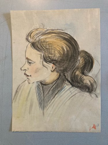 Dessin Gouache Sur Papier Femme 1950 portrait Art Ancien Drawing Old Original