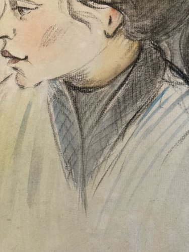 Dessin Gouache Sur Papier Femme 1950 portrait Art Ancien Drawing Old Original