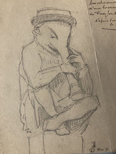 Dessin Homme Éléphant Trompette Art Outsider 1891 Surréaliste A Identifier
