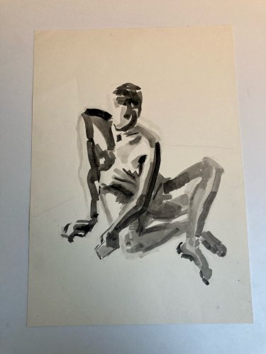 Dessin Homme Nu Assis Gouache Corps 1960 Papier A Identifier Art Expressionnisme