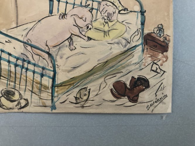 DESSIN Humour Cochon Lit Aquarelle 1960 Art Ancien A Identifier Comique