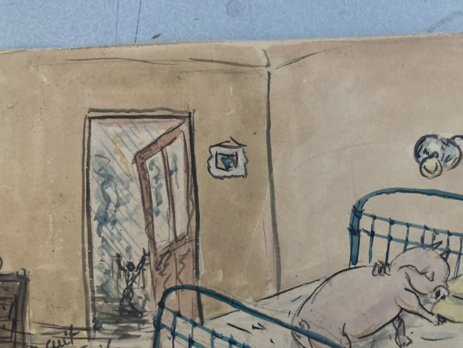 DESSIN Humour Cochon Lit Aquarelle 1960 Art Ancien A Identifier Comique