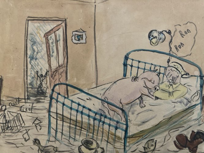 DESSIN Humour Cochon Lit Aquarelle 1960 Art Ancien A Identifier Comique