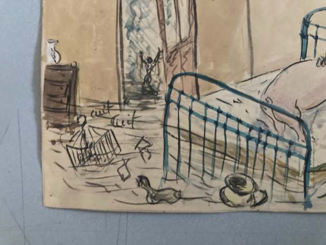 DESSIN Humour Cochon Lit Aquarelle 1960 Art Ancien A Identifier Comique