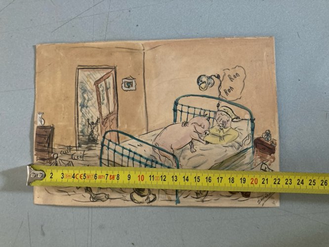 DESSIN Humour Cochon Lit Aquarelle 1960 Art Ancien A Identifier Comique