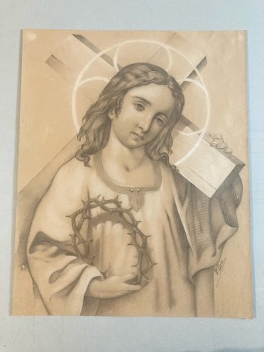 Dessin Jesus Christ Papier Portrait Xixe Couronne D’Épines Croix Art