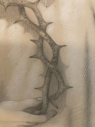 Dessin Jesus Christ Papier Portrait Xixe Couronne D’Épines Croix Art