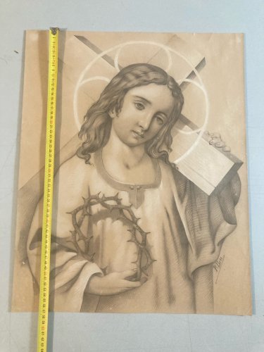 Dessin Jesus Christ Papier Portrait Xixe Couronne D’Épines Croix Art