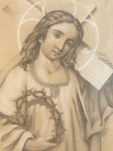 Dessin Jesus Christ Papier Portrait Xixe Couronne D’Épines Croix Art
