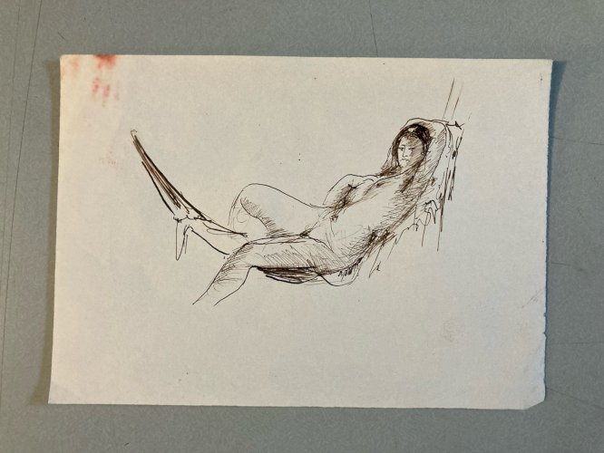 Dessin Lavis Encre Femme Nue Art Nu Allongé Erotique 1960 A Identifier