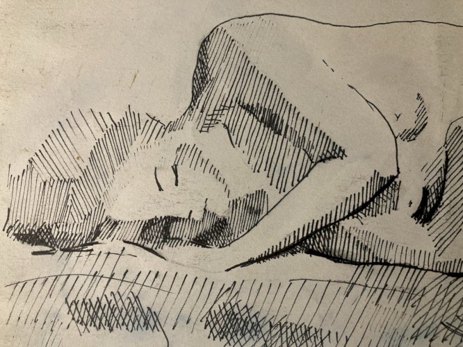 Dessin Lavis Encre Femme Nue Couchée Dos Nu Erotique 1970 A Identifier