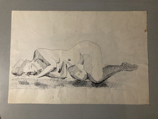 Dessin Lavis Encre Femme Nue Couchée Dos Nu Erotique 1970 A Identifier