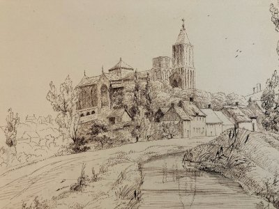 Dessin Lavis Encre Paysage 1832 Cathédrale Dole De Bretagne XIXe Art