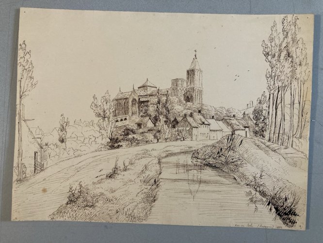 Dessin Lavis Encre Paysage 1832 Cathédrale Dole De Bretagne XIXe Art
