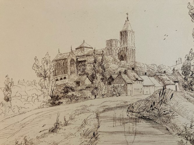 Dessin Lavis Encre Paysage 1832 Cathédrale Dole De Bretagne XIXe Art