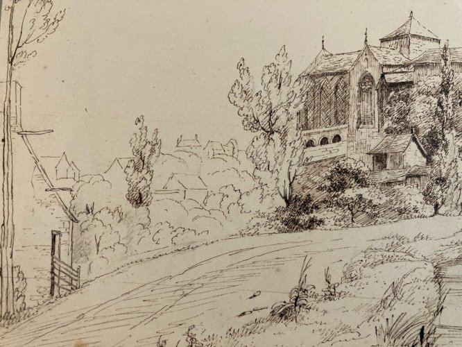 Dessin Lavis Encre Paysage 1832 Cathédrale Dole De Bretagne XIXe Art