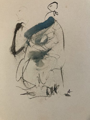 Dessin Lavis Encre Portrait Femme Expressionniste 1970 annie perinaux