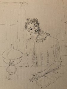 Dessin Lavis Encre Portrait Lecture Expressionniste 1950 A Identifier