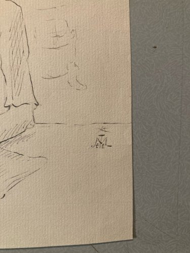 Dessin Lavis Encre Portrait Lecture Expressionniste 1950 A Identifier