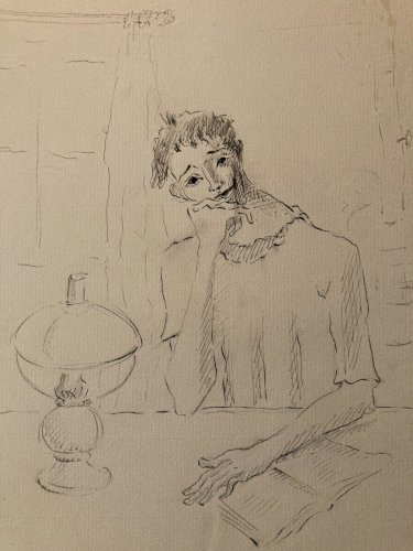 Dessin Lavis Encre Portrait Lecture Expressionniste 1950 A Identifier