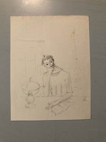 Dessin Lavis Encre Portrait Lecture Expressionniste 1950 A Identifier