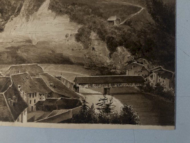 Dessin Lavis Encre Sur Papier XIXe 1850 Drawing Peinture Fribourg Art Old Ancien