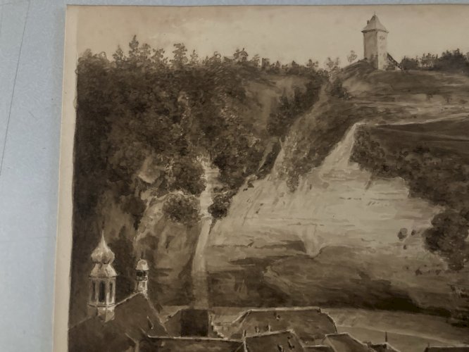 Dessin Lavis Encre Sur Papier XIXe 1850 Drawing Peinture Saint Ursanne ? Art Old