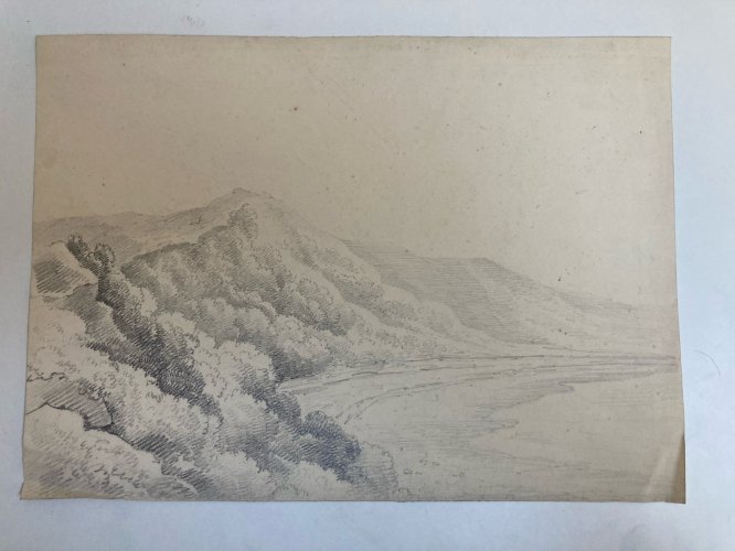 Dessin Mer Plage A Identifier XIXe Romantisme Arbre Paysage Art Ancien 1850